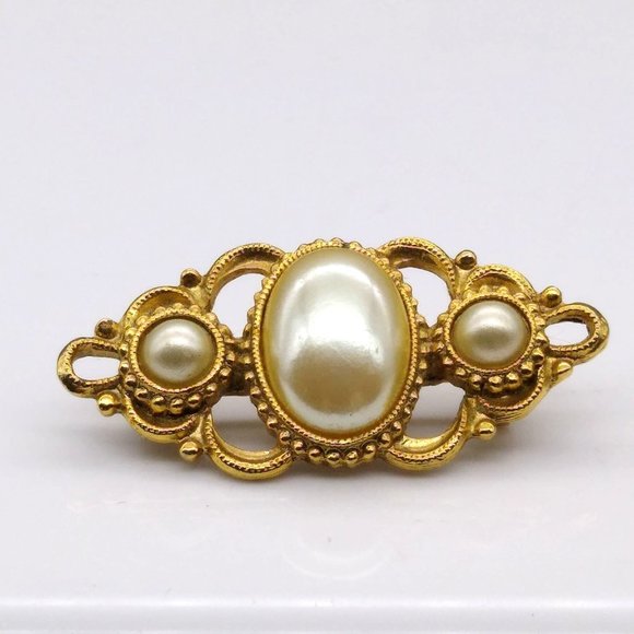Vintage 1928 Brooch, Small Gold Tone Bar Pin with Faux Pearl Cabochons, Elegant - Picture 1 of 3